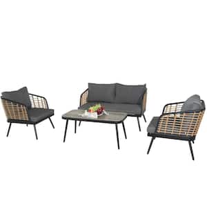 4-Piece Wicker Patio Conversation Set with Tempered Glass Tabletop and Washable Black Cushions