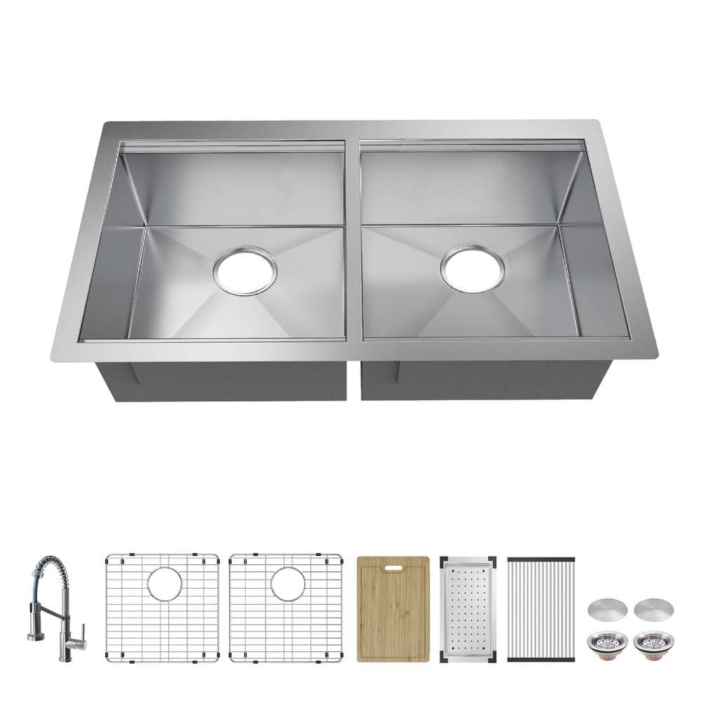 Glacier Bay Professional 36 in. All-in-One Undermount 16G Stainless Steel Double Bowl Workstation Kitchen Sink, Spring Neck Faucet, Silver