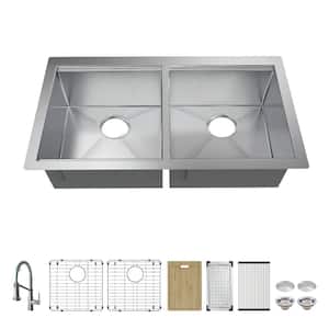 Professional Zero Radius 36 in. Undermount Double Bowl 16 Gauge Stainless Steel Workstation Kitchen Sink with Faucet