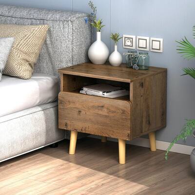 1-Drawer Brown Nightstands With Open Shelf and Solid Wood Legs, Side Table Bedside Table 18.4" H x 15.5" W x 11.6" D