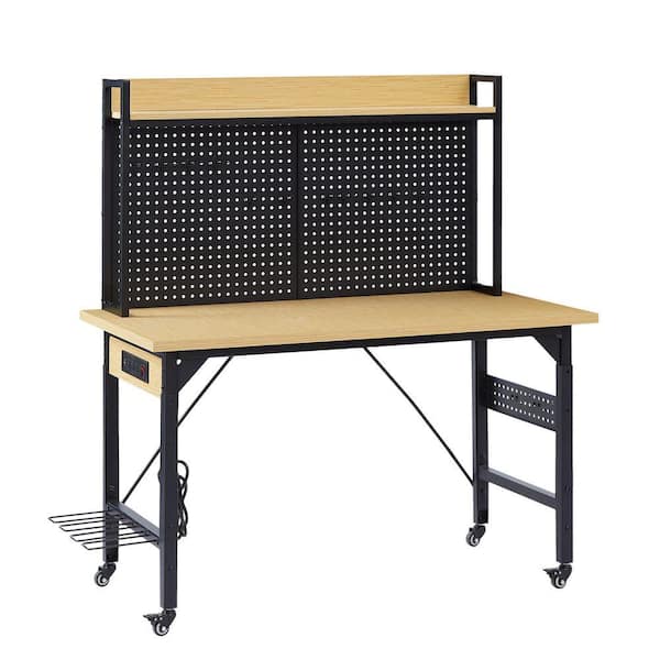 24 in. W 48 in. D Adjustable Mobile Workbench Cabinet with pegboard, Heavy Duty Wooden Desktop Workbench with Wheels