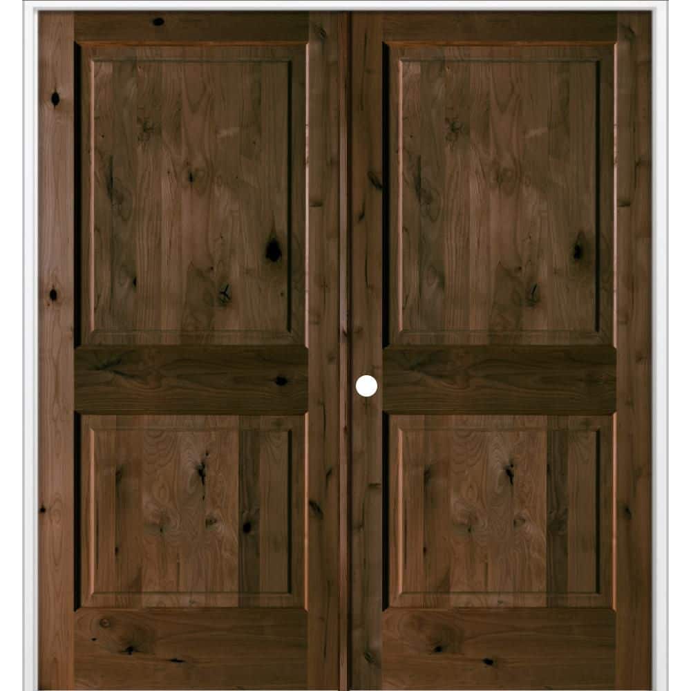 64 in. x 80 in. Rustic Knotty Alder 2-Panel Right Active Solid Core BEHR Espresso Stain Double Prehung Interior Door price history on PriceWatchPro