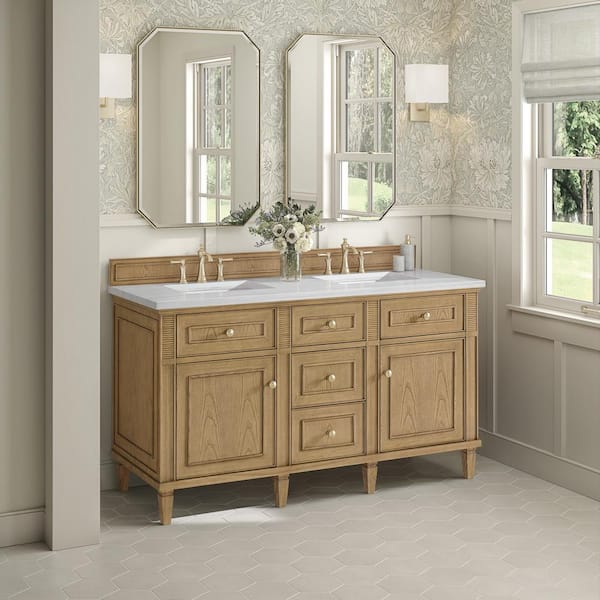 James Martin Vanities Lorelai 60.0 in. W x 23.5 in. D x 34.06 in. H Double Vanity in Light Natural Oak with Arctic Fall Solid Surface Top