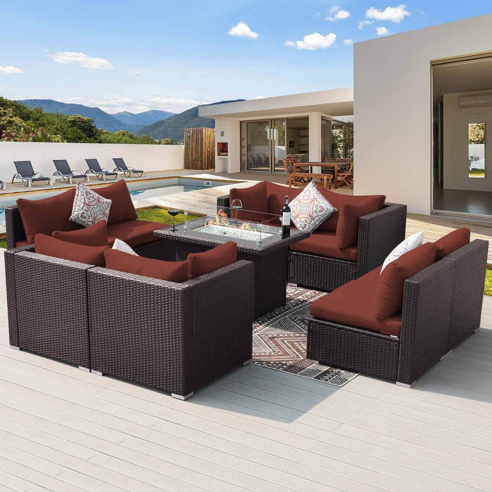 High-End 9 Piece Espresso Wicker Patio Fire Pit Conversation Sectional Deep Seating Sofa Set with Dark Red Cushions price history on PriceWatchPro