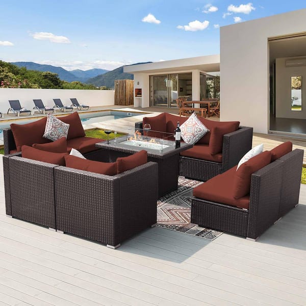 FINCATI High-End 9 Piece Espresso Wicker Patio Fire Pit Conversation Sectional Deep Seating Sofa Set with Dark Red Cushions
