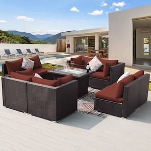High-End 9 Piece Espresso Wicker Patio Fire Pit Conversation Sectional Deep Seating Sofa Set with Dark Red Cushions