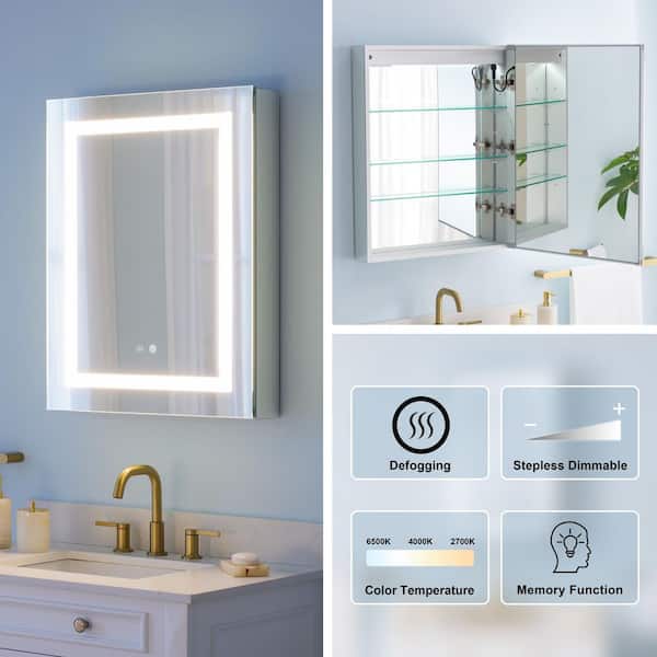 WELLFOR 24 in. W x 30 in. H Rectangular Aluminum Medicine Cabinet with Mirror, 2 Touch Switches for Color Change,Dimmer,Defogger