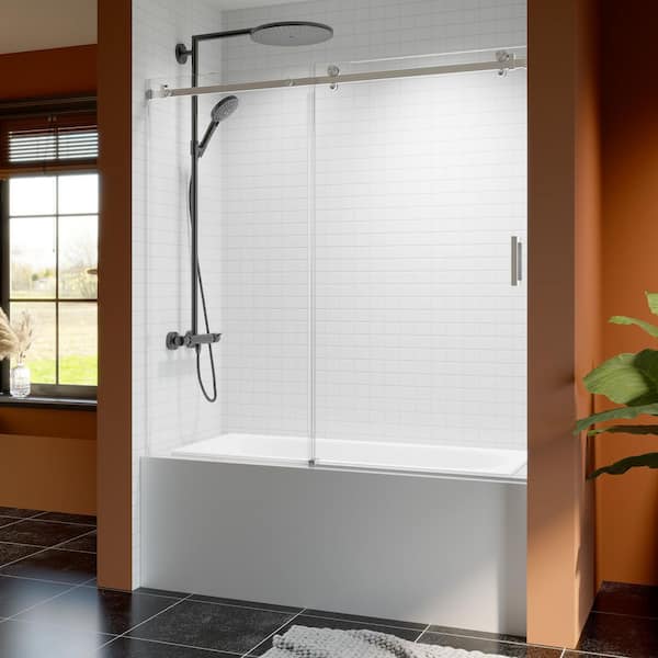 Reversible 56 to 60 in. W x 60 in. H Frameless Sliding Tub Door in Brushed Nickel with Tempered Clear Glass, Soft-Close