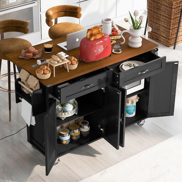 Ximuprmy Black Wood 53 in. Kitchen Island with 2 Power Outlet, Drop Leaf, 2-Drawers and 4 Doors for Kitchen and Dining Room
