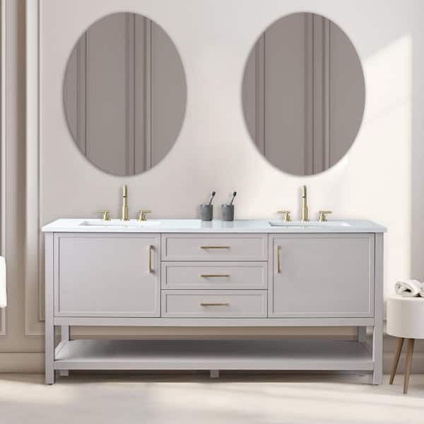 SUDIO Arlo 72 in. W x 22 in. D x 34 in. H Bath Vanity in Taupe with Engineered Stone Top in Ariston White with White Sinks