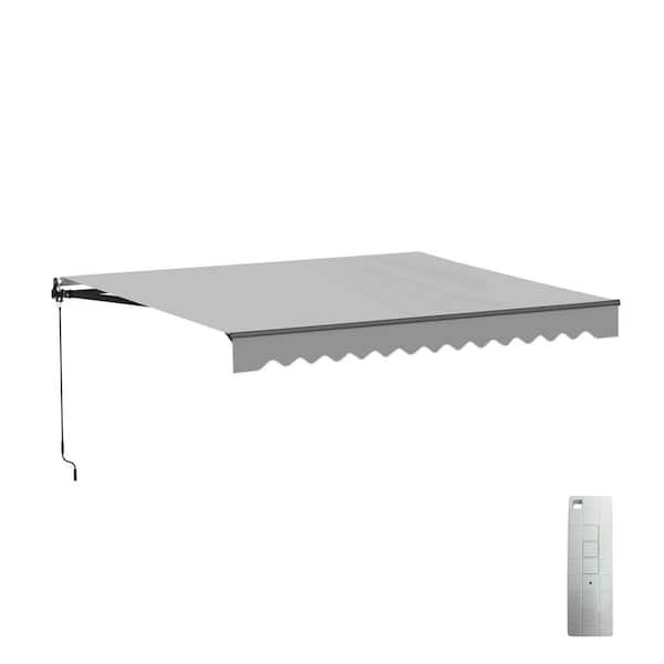 12 ft. Caribbean Polyester Motorized Retractable Patio Awning 10 ft. Projection in Silver Gray Black Frame