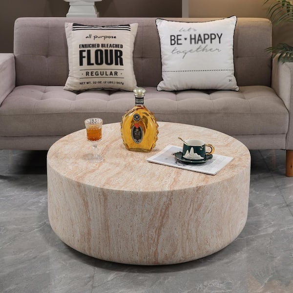 31.5 in. Light Travertine MGO Drum Coffee Table, Round Weather Resistant Center Table Outdoor