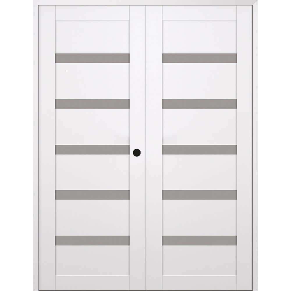 Leora 64 in. x 84 in. Left Active 5-Lite Frosted Glass Snow White Wood Composite Double Prehung Interior Door price history on PriceWatchPro