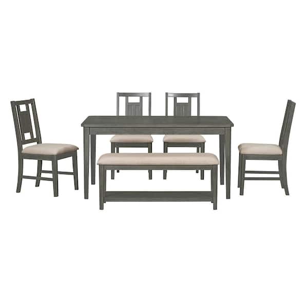 Polibi 6-Piece Rectangular Dark Gray Wood Top Dining Table Set and 4 Cushioned Chairs and Bench