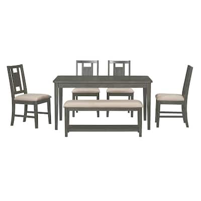 6-Piece Rectangular Dark Gray Wood Top Dining Table Set and 4 Cushioned Chairs and Bench