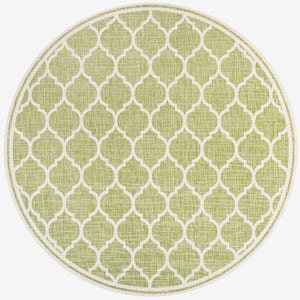 Trebol Moroccan Trellis Textured Weave Green/Cream 5 ft. Round Indoor/Outdoor Area Rug