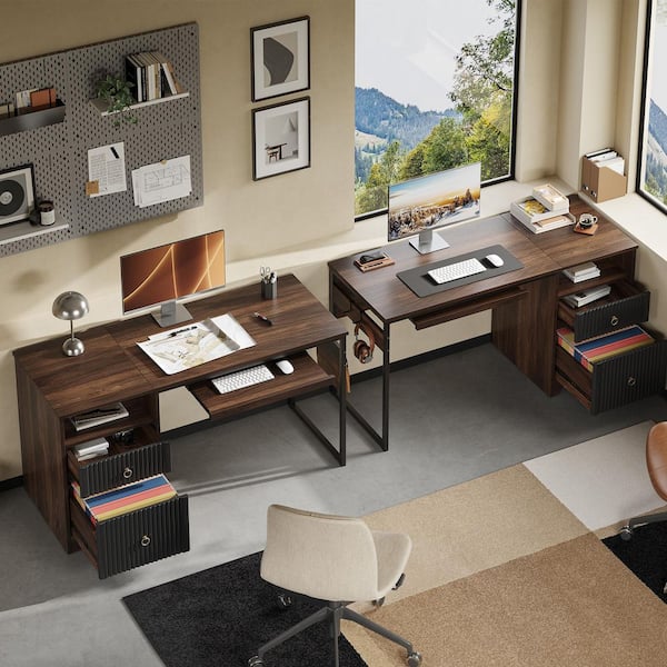 55 in. Walnut Wood 2-Drawer Writing Desk with File Storage, Open Cubbies, Keyboard Tray and Side Hook
