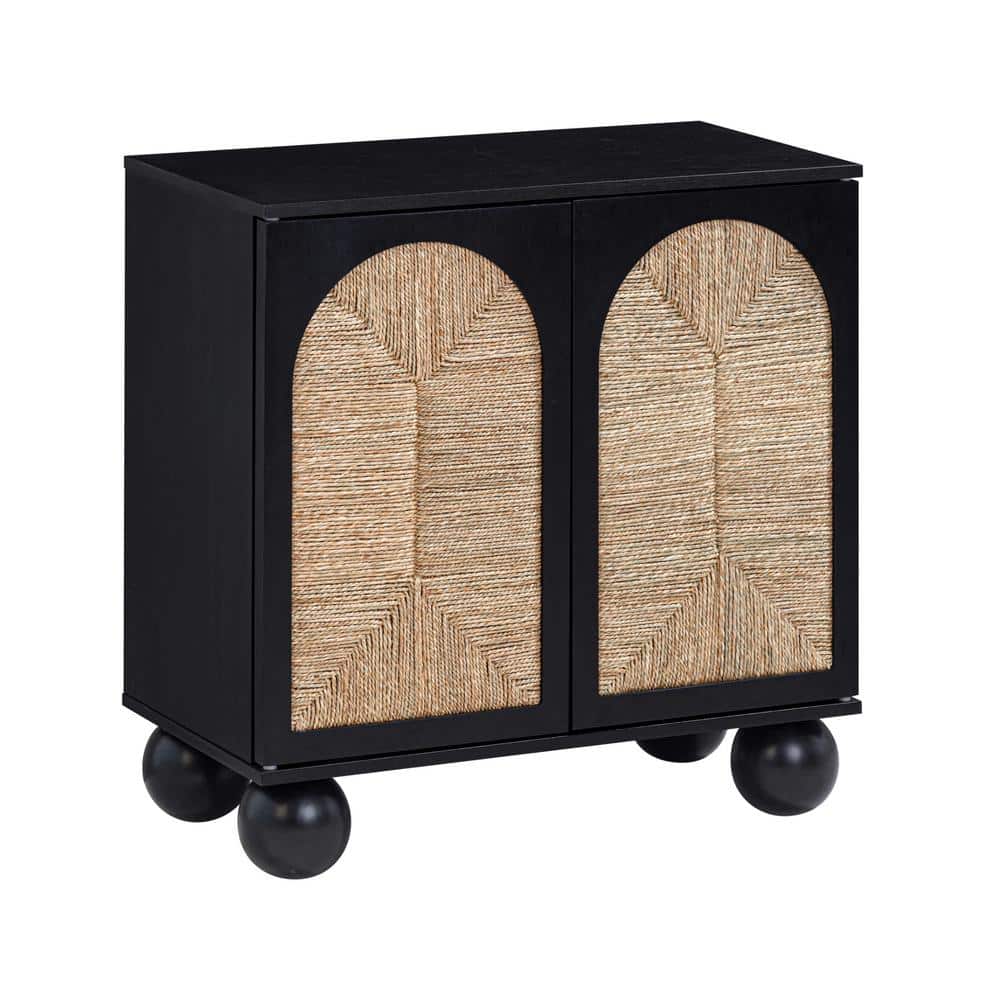 Black Boho Storage Cabinet with Seagrass Doors and Solid Wood Legs