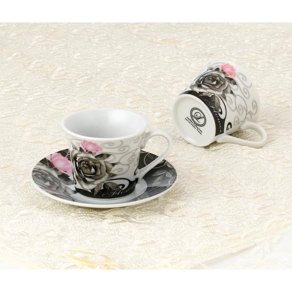 Red and Ivory Floral Ceramic Espresso Cup and Saucer Set with Metal Stand