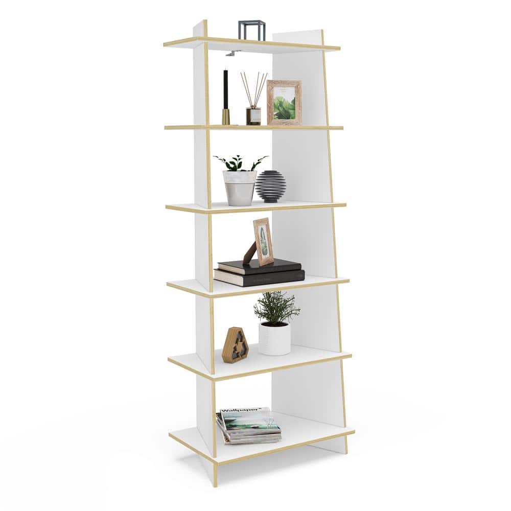 EcoFriendly White and Light Brown Wood Ladder Bookcase with 6 Shelves