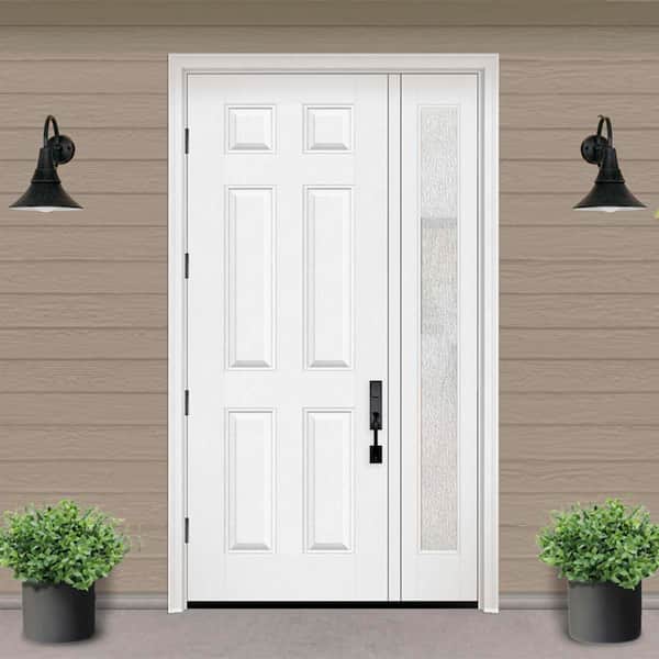 Regency 51 in. x 96 in. 6 Panel RHOS Unfinished White Mahogany Fiberglass Prehung Front Door with Rain 12 in. SL 4-9/16