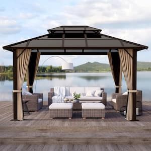 12 ft. W x 10 ft. D Aluminum Brown Patio Gazebo with Polycarbonate Double Hardtop Roof