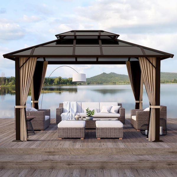 EGEIROSLIFE 12 ft. W x 10 ft. D Aluminum Brown Patio Gazebo with Polycarbonate Double Hardtop Roof