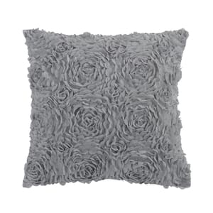 Ruffled Rose Grey Polyester 15 in. x 15 in. Square Decorative Pillow