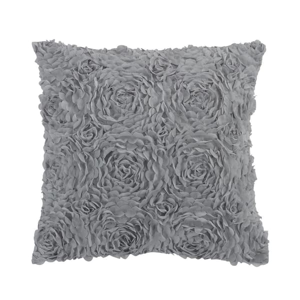 DONNA SHARP Ruffled Rose Grey Polyester 15 in. x 15 in. Square Decorative Pillow