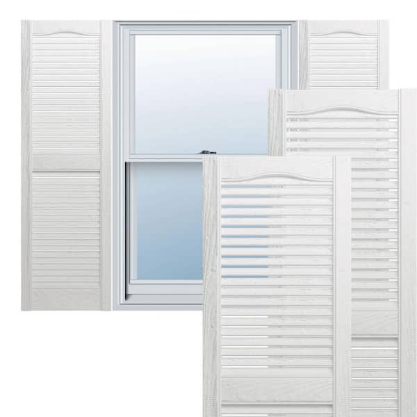 Ekena Millwork 14-1/2 in. x 30 in. Lifetime Vinyl Custom Cathedral Top Center Mullion Open Louvered Shutters Pair White