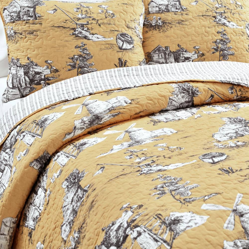French Country Toile Yellow & White Cotton Full Quilt Set