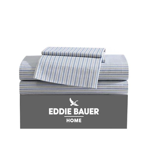 Eddie Bauer Ticking Stripe 4-Piece Navy Blue Cotton Queen Sheet Set