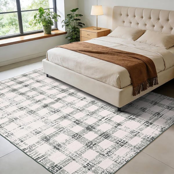 Green 8 X 10 ft. Checkered Washable Geometric Area Rug, Non-Slip Low Pile Soft Indoor Carpet for Living Room, Bedroom