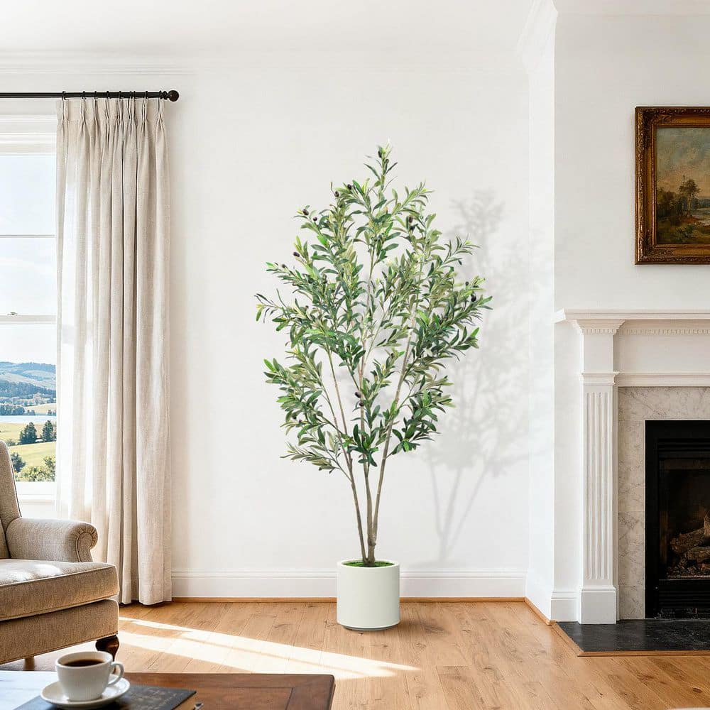 HOMEIBRO 6 ft. Artificial Olive Tree in White Planter, Lifelike