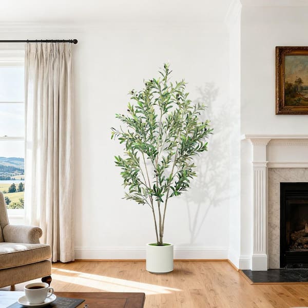 6 ft. Artificial Olive Tree in White Planter, Lifelike Faux Tree with Fruits and Moss for Home Office Decor