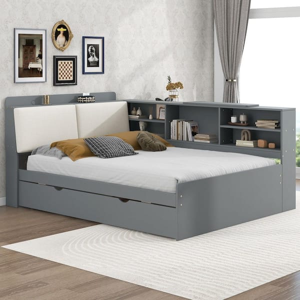 Cub Gray Wood Frame Full Size Daybed with Rotatable Board, Upholstered Hidden Storage Headboard, Trundle, Shelves
