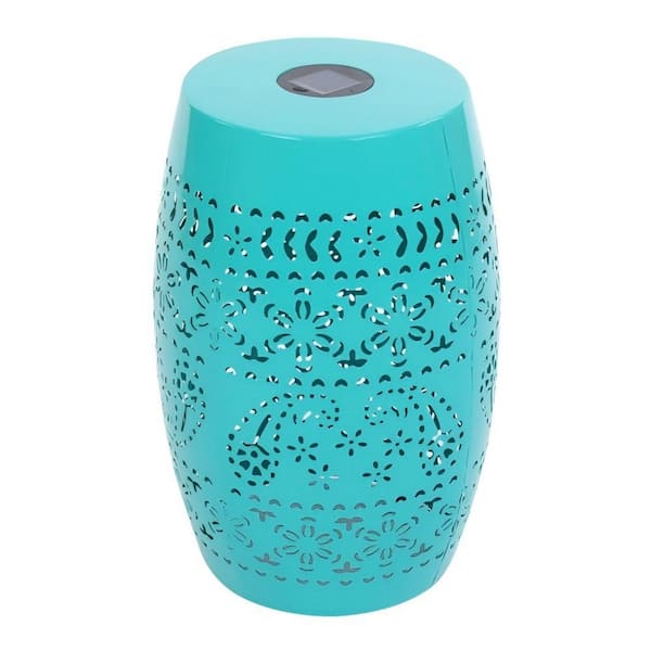 9.5 in. D x 18.25 in. H Round Metal Outdoor Patio Side Table Hollow Side Table w/ Built-in Solar Powered Light in Green