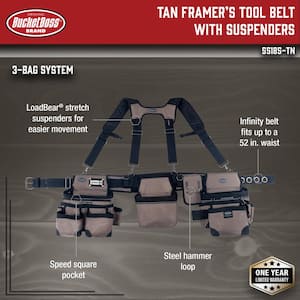 3-Bag Framer's Suspension Rig Work Tool Belt with Suspenders in Tan