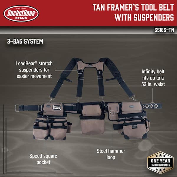 3-Bag Framer's Suspension Rig Work Tool Belt with Suspenders in Tan