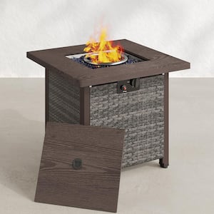 28 in. 50,000 BTU Gray Square Wicker Outdoor Fire Pit Table with Waterproof Cover and Fire Glass Beads