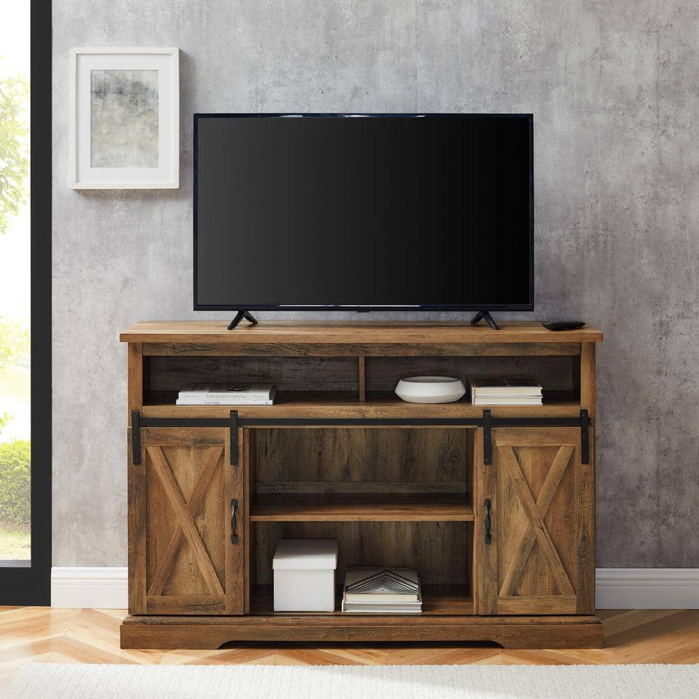 Rustic Oak 52" Modern Farmhouse TV Stand with Sliding Barn Doors