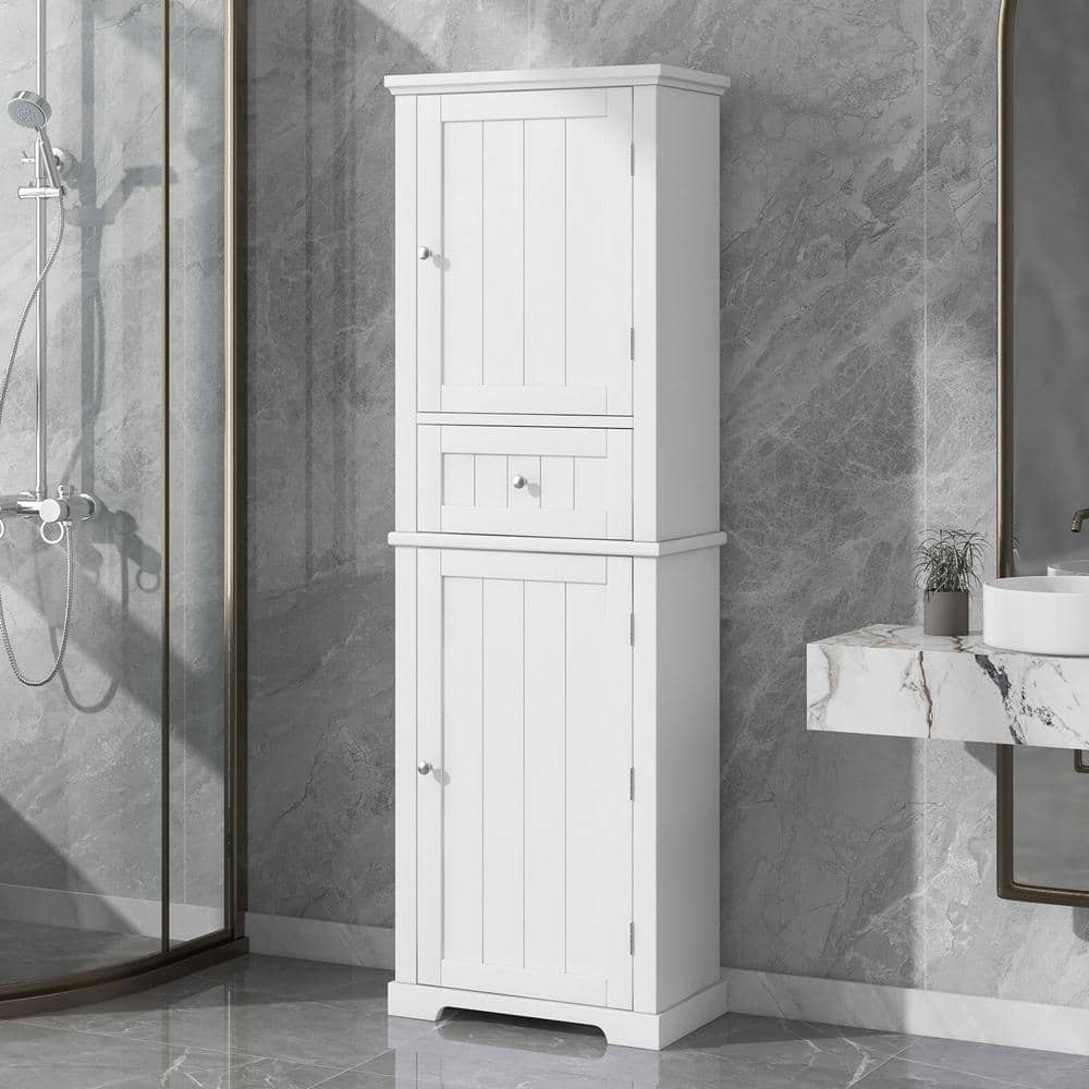 22 in. W x 11 in. D x 67.3 in. H White Tall Linen Cabinet with 1-Drawer and