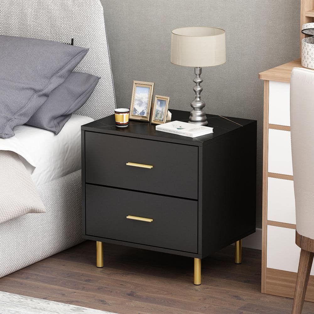 FUFU&GAGA 2-Drawer Black Wood Nightstand Side Table Bedside Table 21 in. H  x 20 in. W x 16 in. D KF310010-01-QKC - The Home Depot