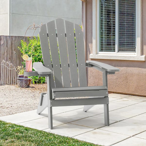 Sonkuki Light Gray Folding Adirondack Chair, Waterproof HIPS High Load Capacity Patio Chair with Wide Armrests (1-Piece)