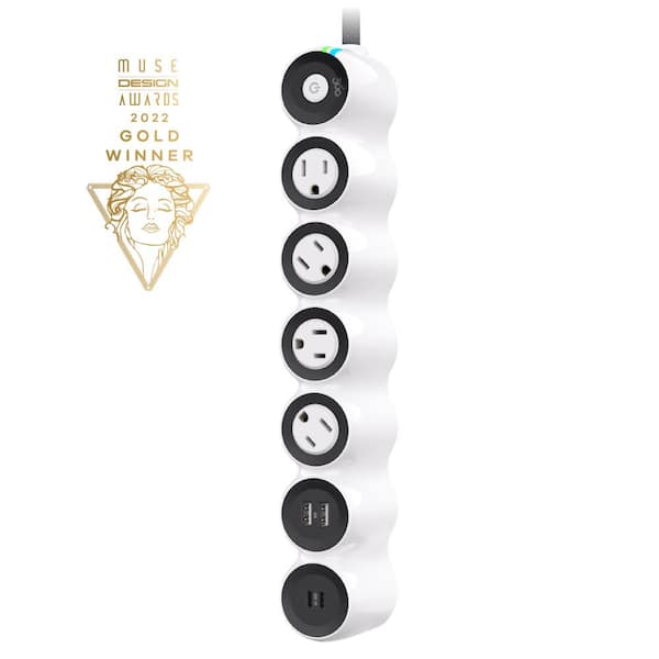 PowerCurve 77W Braided 4-Outlet Rotating Surge Strip w/2 USB-A Ports and 2 USB-C Ports (6 ft. White/Volcanic Grey)