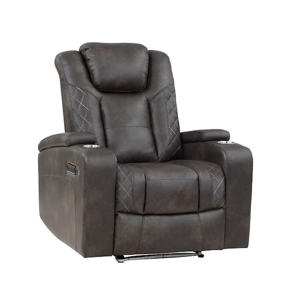 Lazzara Hazen Brownish Gray Faux Leather Power Recliner with Power Headrest and Storage Arms, Cup Holders