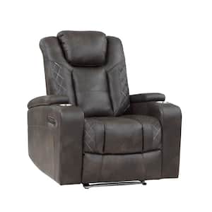 Hazen Brownish Gray Faux Leather Power Recliner with Power Headrest and Storage Arms, Cup Holders