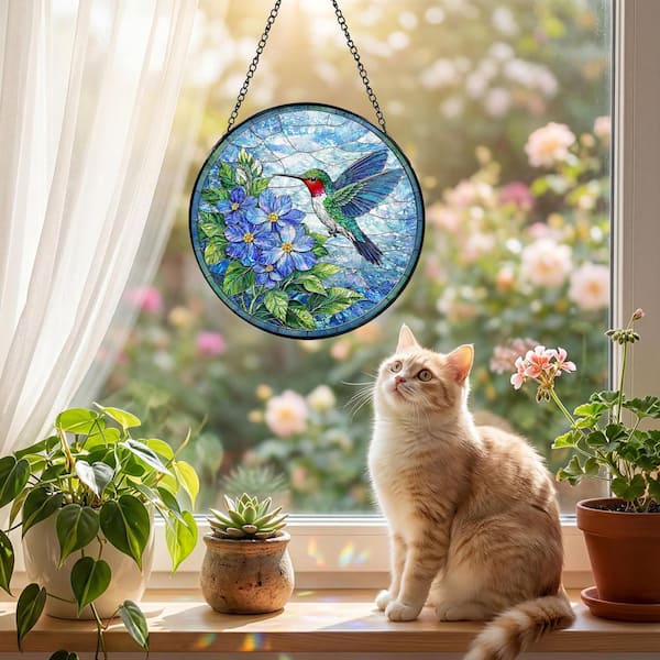 7.8 in. Hummingbird Blue Flowers Stained Glass Window Panel WK2589