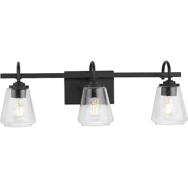 Progress Lighting Martenne 24 in. 3-Light Matte Black Vanity Light with Seeded Glass Shade