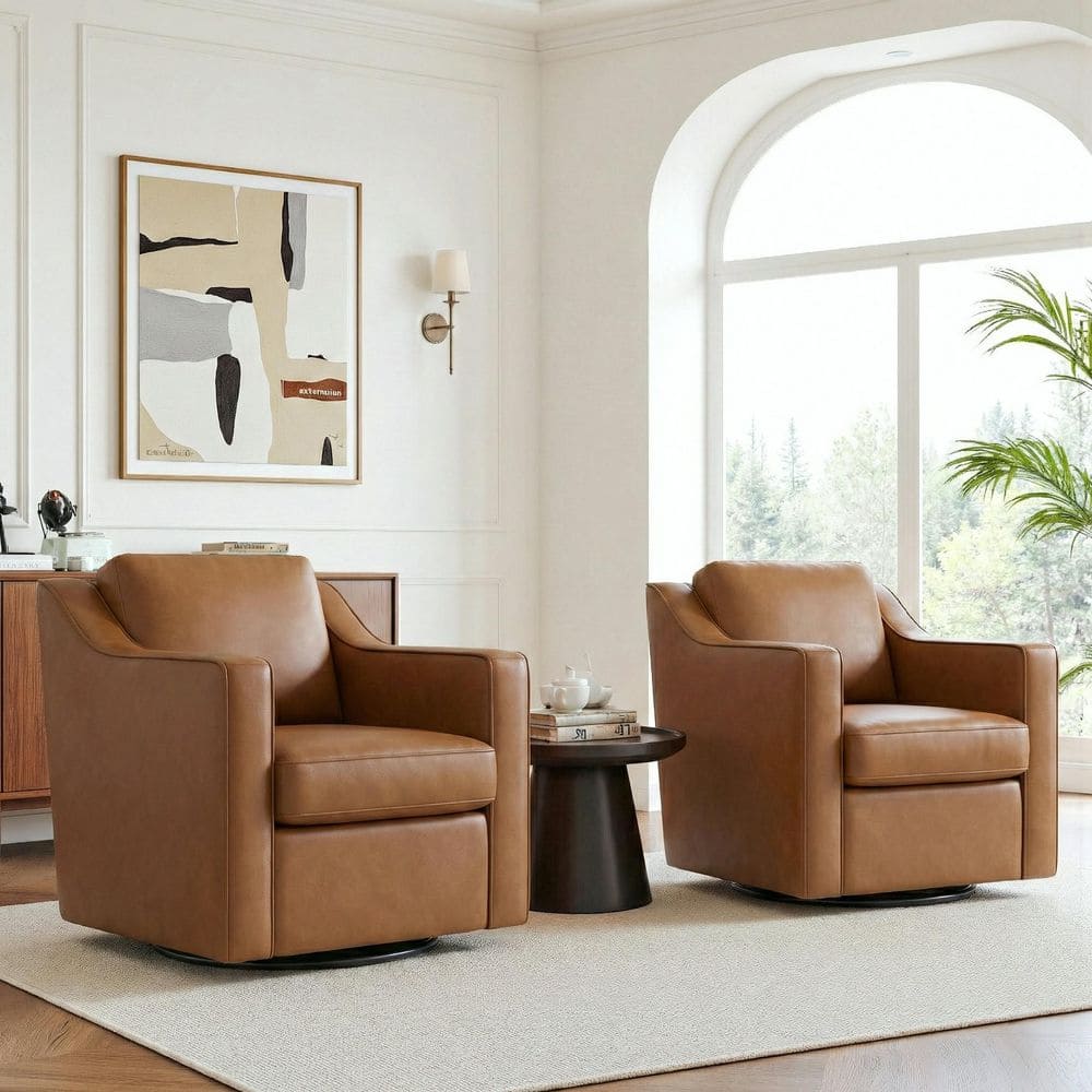 Uixe Modern Brown Faux Leather Upholstered Swivel Accent Barrel Chair ...